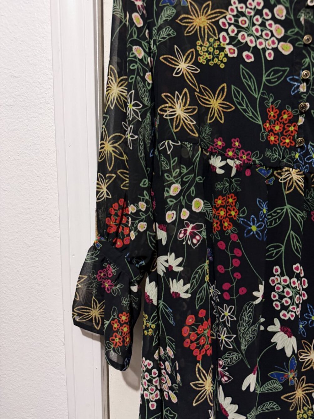 Forever 21 Floral Boho Chiffon Sheer Sleeve Dress New With Tags L - Picture 5 of 16